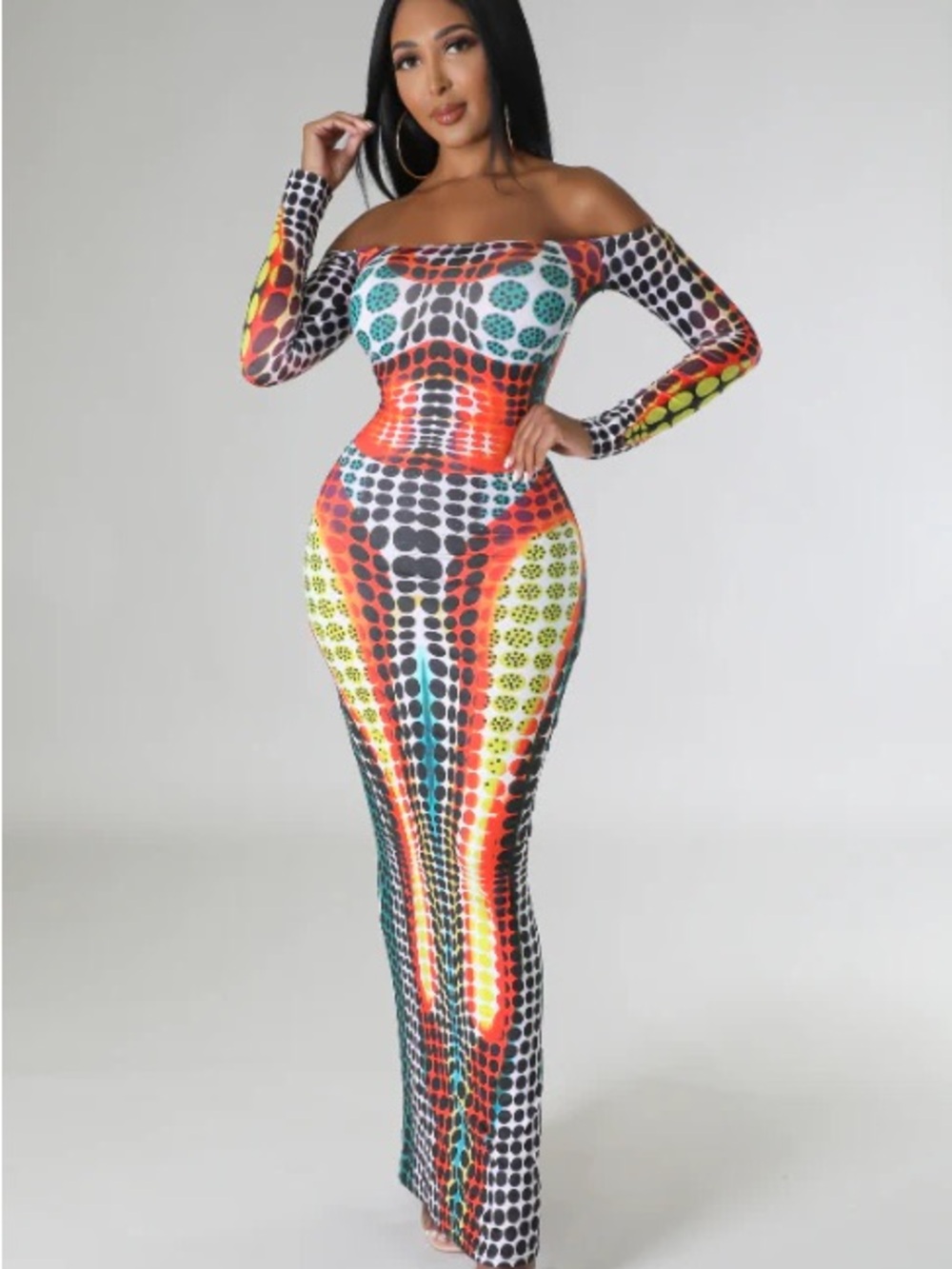 Off-Shoulder Multicolor Dot-Print Bodycon Maxi Dress NWT